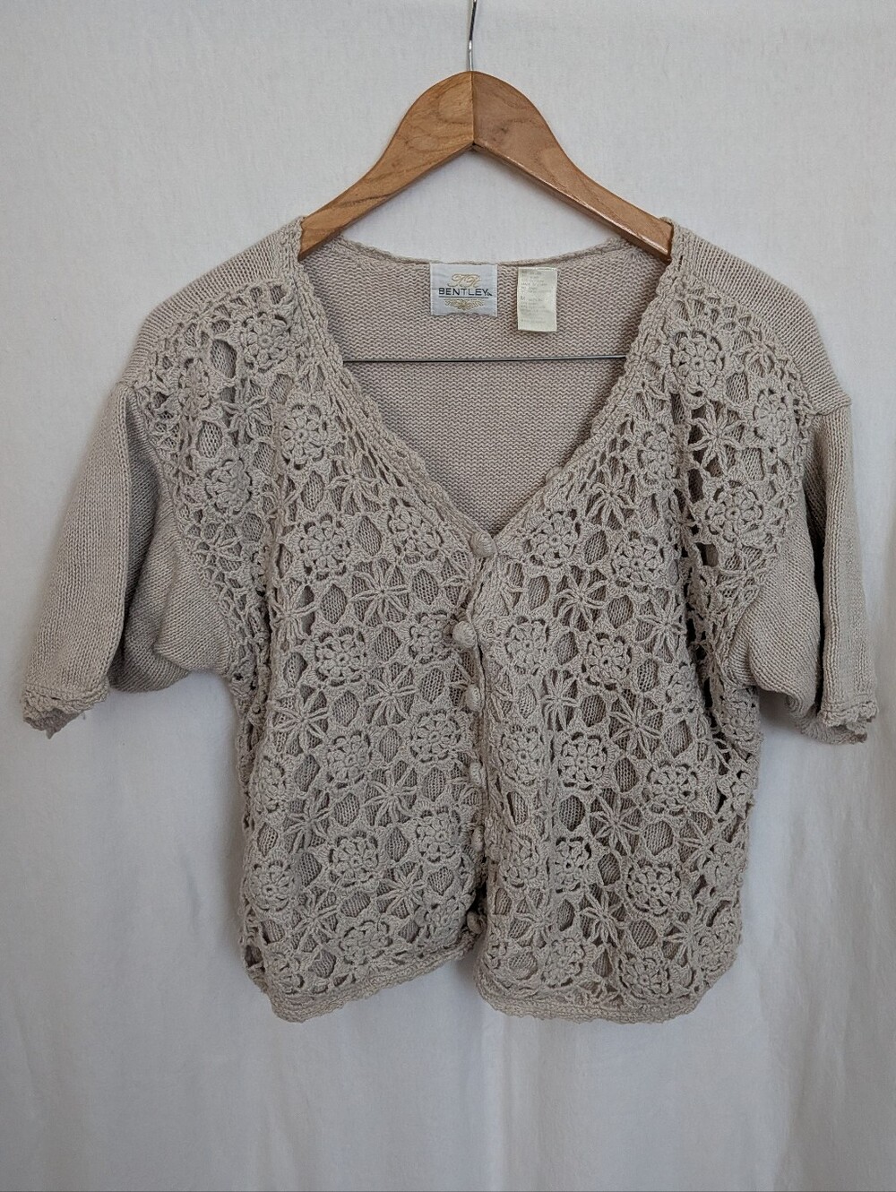 Vintage Beige Crochet Front V-Neck Women's Sweater